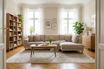 Scandi Dyp 4-seters sofa med sjeselong høyre i stoff - Beige - Møbler - Sofaer - Sofa med sjeselong