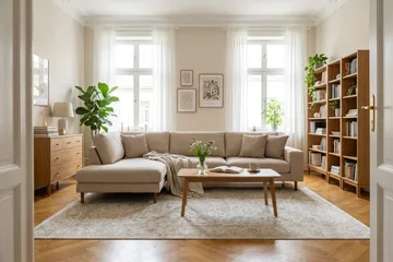 Scandi Dyp 4-seters sofa med sjeselong venstre i stoff - Beige - Møbler - Sofaer - Sofa med sjeselong