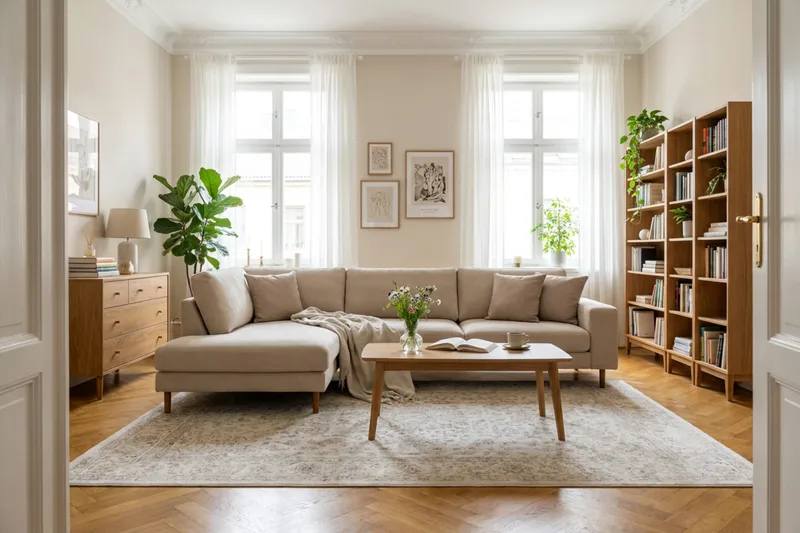 Scandi Dyp 4-seters sofa med sjeselong venstre i stoff - Beige - Møbler - Sofaer - Sofa med sjeselong