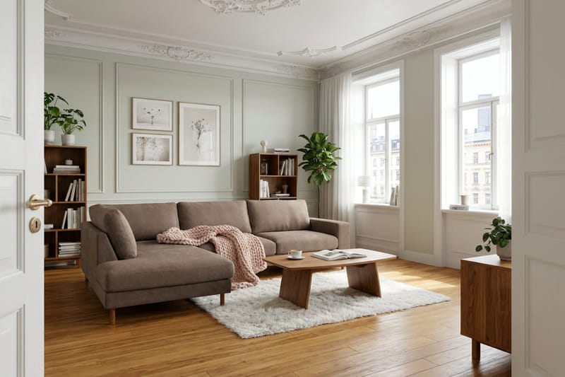 Scandi dyp 4-seters sofa med sjeselong på venstre side i stoff - Mørkebrun - Møbler - Sofaer - Sofa med sjeselong