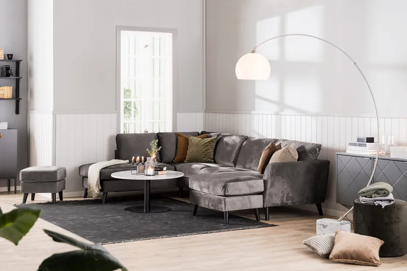 Trend 4-seters Høyrevendt L-formet Sjeselongsofa i Fløyel - Mørk grå - Møbler - Sofaer - Sofa med sjeselong