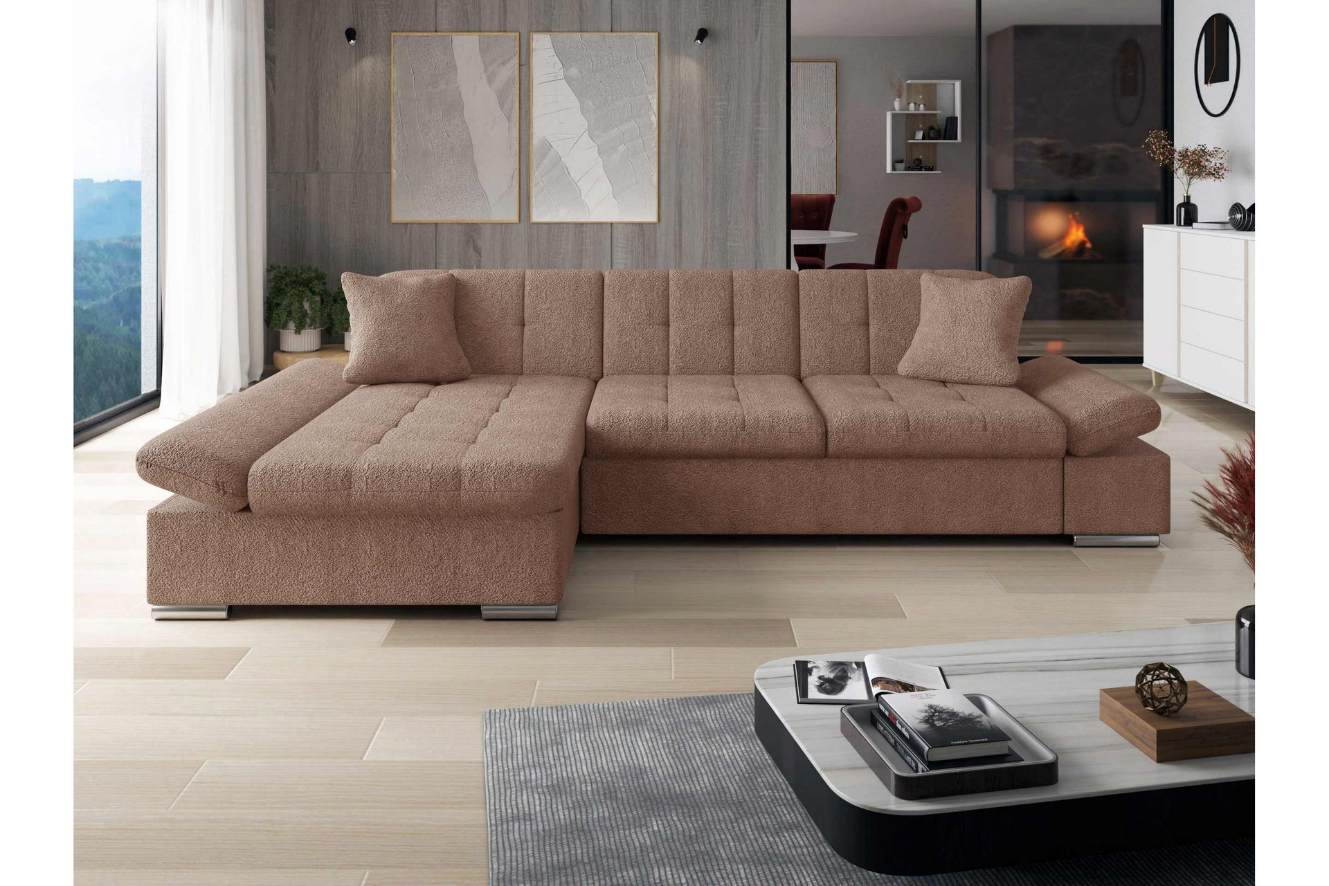 Vananda Sofa med Sjeselong 3-seter i Bouclé - Rosa - Møbler - Sofaer - Sofa med sjeselong