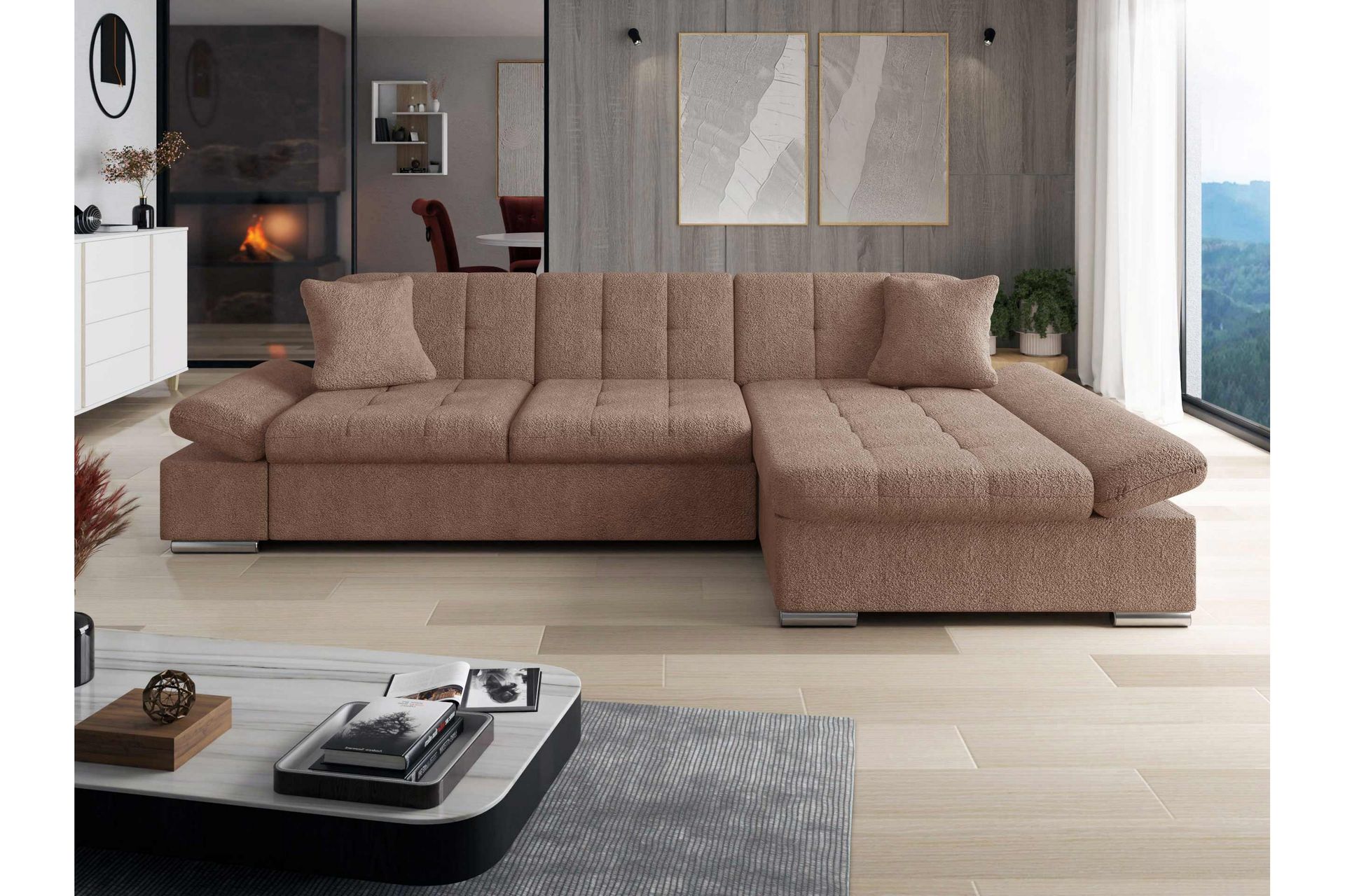 Vananda Sofa med Sjeselong 3-seter i Bouclé - Rosa - Møbler - Sofaer - Sofa med sjeselong