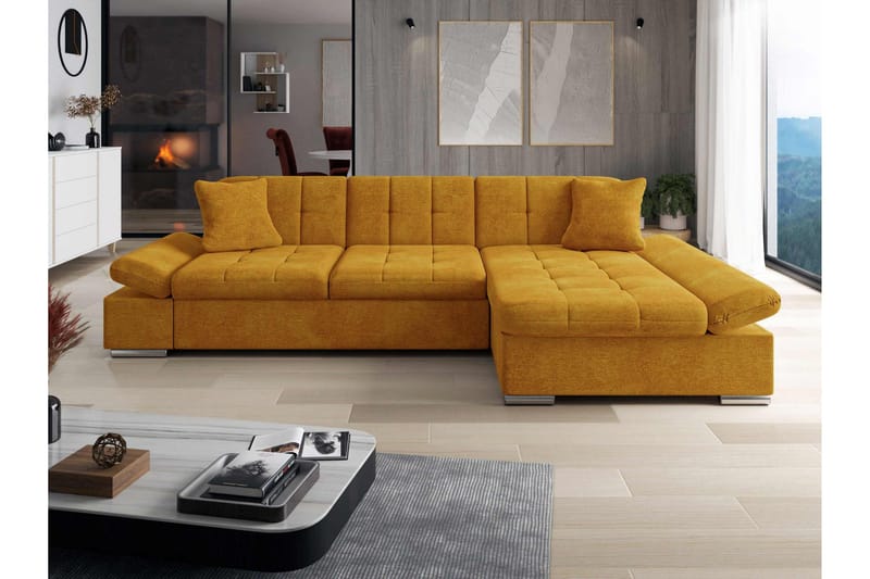 Vananda Sofa med Sjeselong 3-seter i Fløyel - Gul - Møbler - Sofaer - Sofa med sjeselong