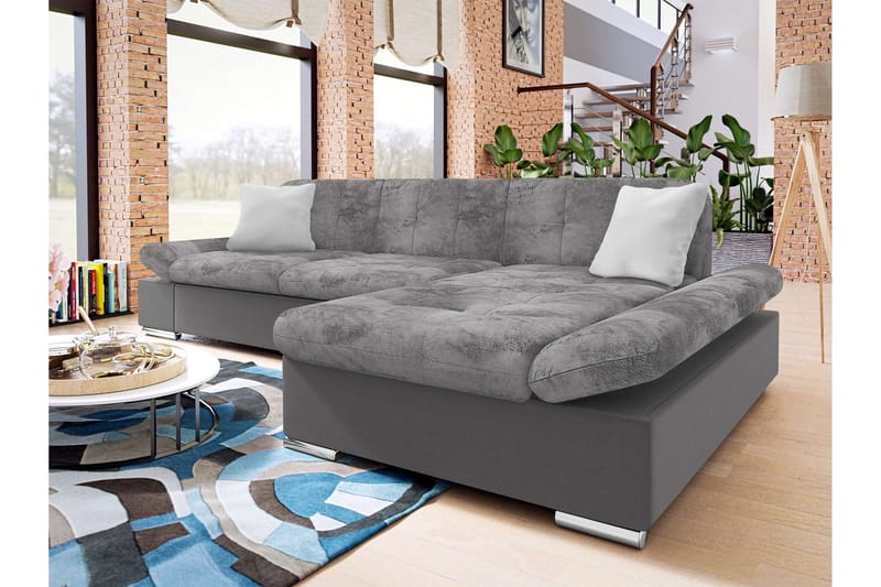 Vananda Sofa med Sjeselong 3-seter i Fløyel - Mørkegrå / Lysegrå - Møbler - Sofaer - Sofa med sjeselong