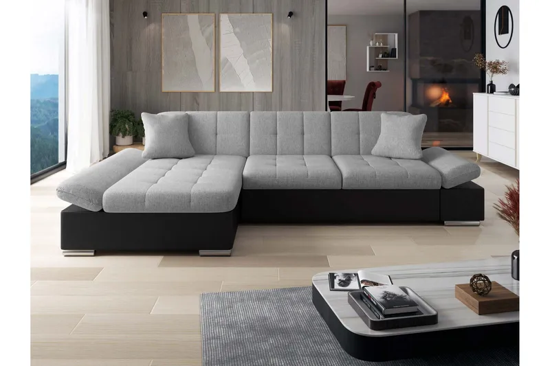 Vananda Sofa med Sjeselong 3-seter i Kunstlær - Svart / Grå - Møbler - Sofaer - Sofa med sjeselong