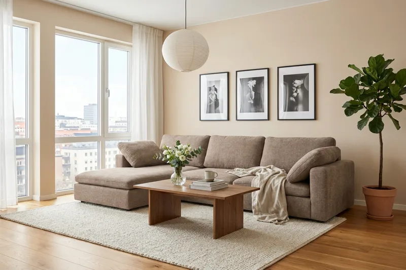 Visby 4-seters L-formet dyp vendbar sofa med sjeselong i stoff - Brun - Møbler - Sofaer - Sofa med sjeselong