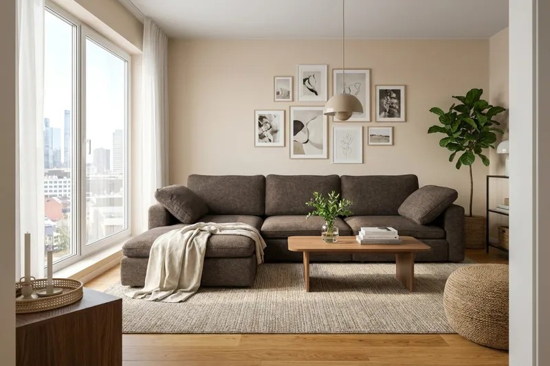 Visby 4-seters L-formet dyp vendbar sofa med sjeselong i stoff - Mørkebrun - Møbler - Sofaer - Sofa med sjeselong