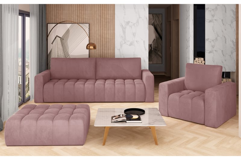 Alazaro Sofagruppe 3-seter + Lenestol + Puff - Lyserosa - Møbler - Sofaer - Sofagrupper