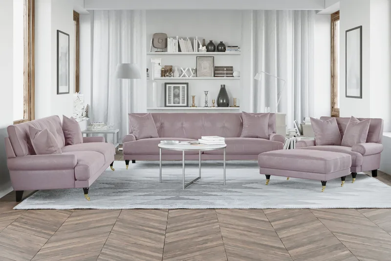 Andrew 5-seter Howard Sofagruppe med Hjul og Knappedetaljer i Stoff - Rosa - Møbler - Sofaer - Sofagrupper - Howard sofagruppe