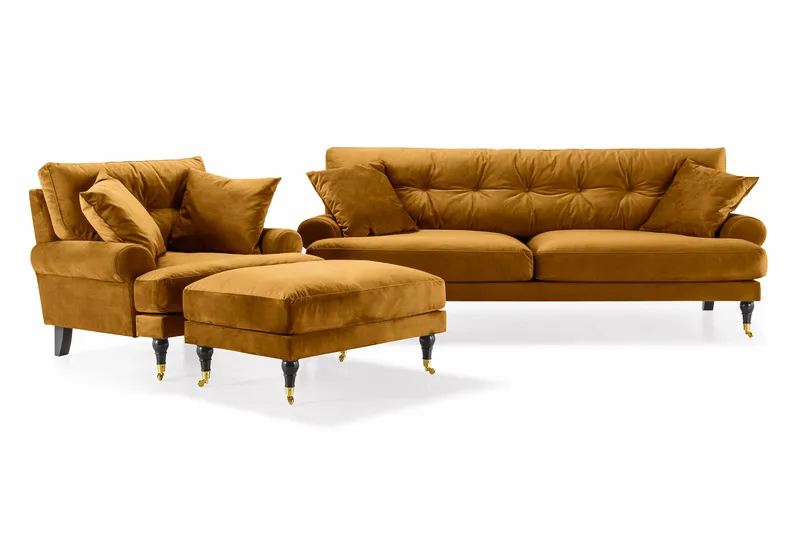 Andrew Howard Sofagruppe 102 cm med Fotpall og Hjul i Fløyel, Gul