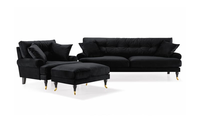 Andrew Howard Sofagruppe 102 cm med Fotskammel og Hjul i Fløyel - Svart - Møbler - Sofaer - Sofagrupper - Sofagruppe 3 2 1