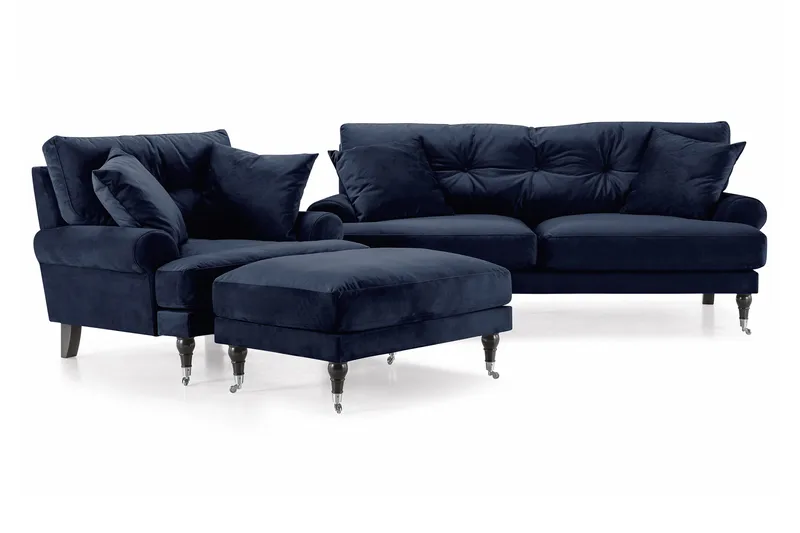 Andrew Sofagruppe 2-seter Sofa + Lenestol + Fotskammel i Fløyel - Blå - Møbler - Sofaer - Sofagrupper - Howard sofagruppe