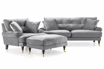 Andrew Sofagruppe 2-seter Sofa + Lenestol + Fotskammel i Fløyel - Lys grå - Møbler - Sofaer - Sofagrupper - Howard sofagruppe