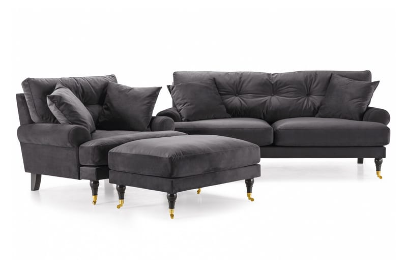 Andrew Sofagruppe 2-seter Sofa + Lenestol + Fotskammel i Fløyel - Mørk grå - Møbler - Sofaer - Sofagrupper - Howard sofagruppe
