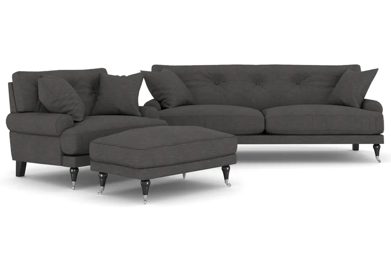 Andrew Sofagruppe 2-seter Sofa + Lenestol + Fotskammel i Stoff, Mørk grå