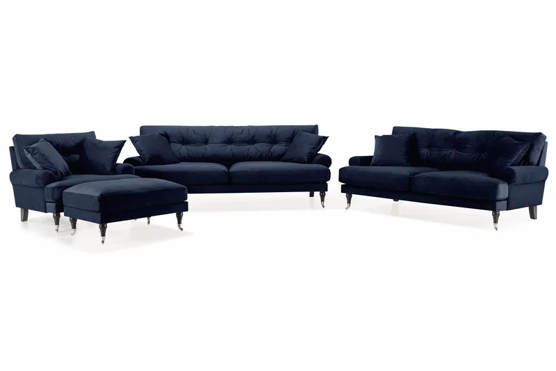 Andrew Sofagruppe 3-seter + 2-seter Sofa + Lenestol + Fotskammel i Fløyel, Blå