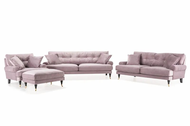 Andrew Sofagruppe 3-seter + 2-seter Sofa + Lenestol + Fotskammel i Fløyel, Lilla