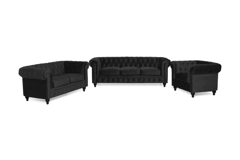 Chesterfield Luksus Moderne Sofagruppe 3+2+1 i Fløyel, Svart
