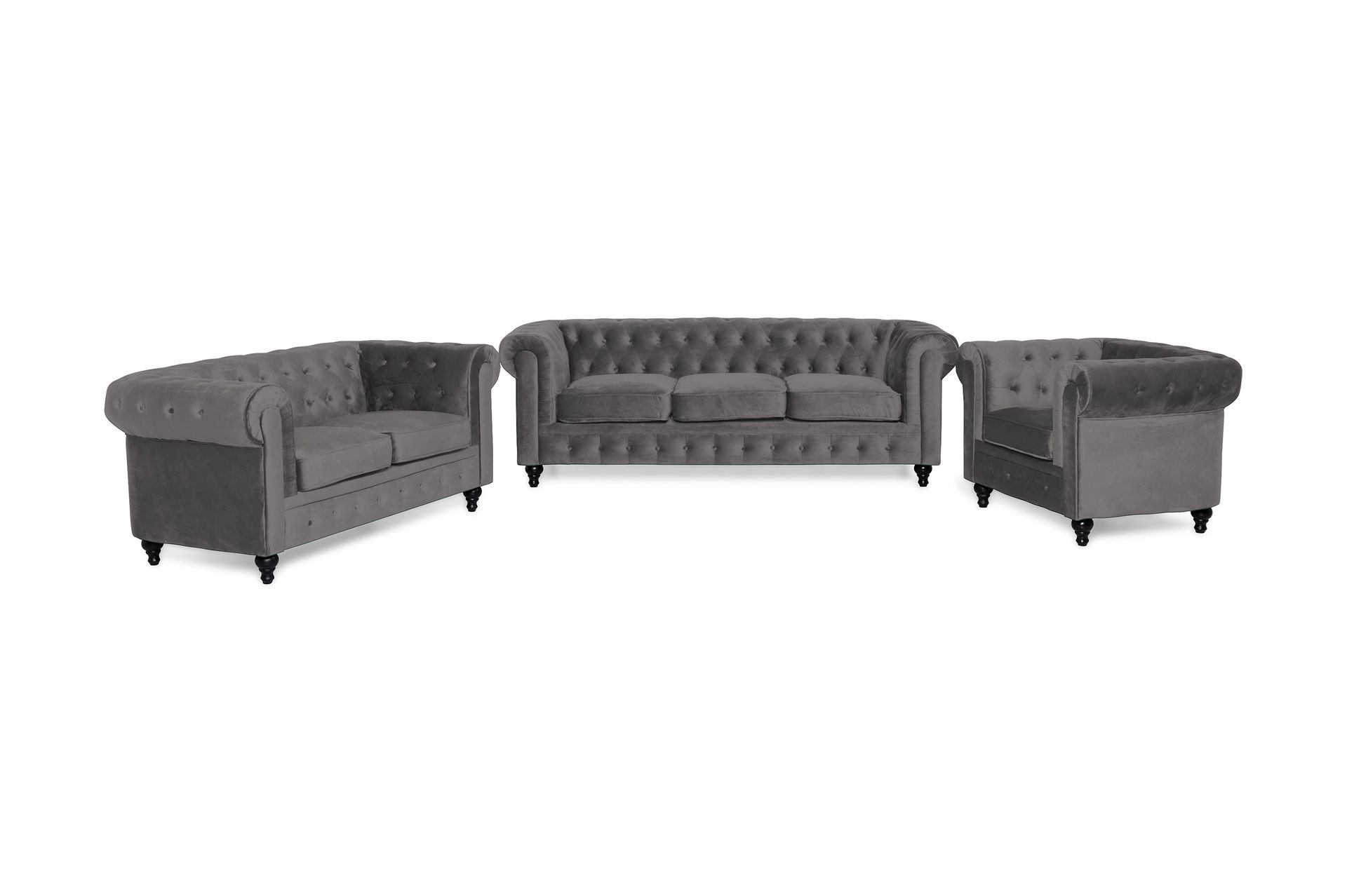 Chesterfield Luksus Sofagruppe 3+2+1 i Fløyel - Grå