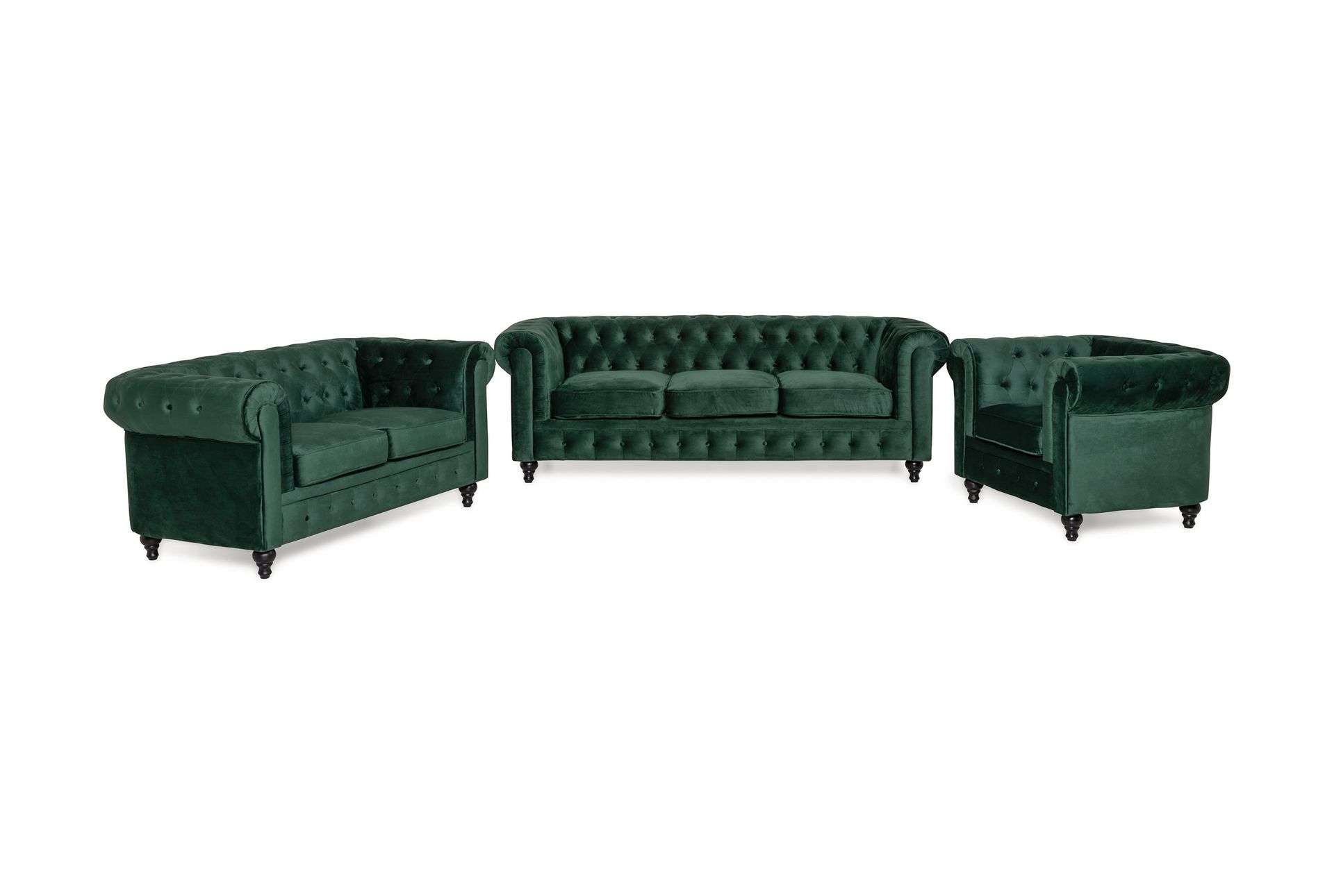 Chesterfield Luksus Sofagruppe 3+2+1 i Fløyel - Grønn