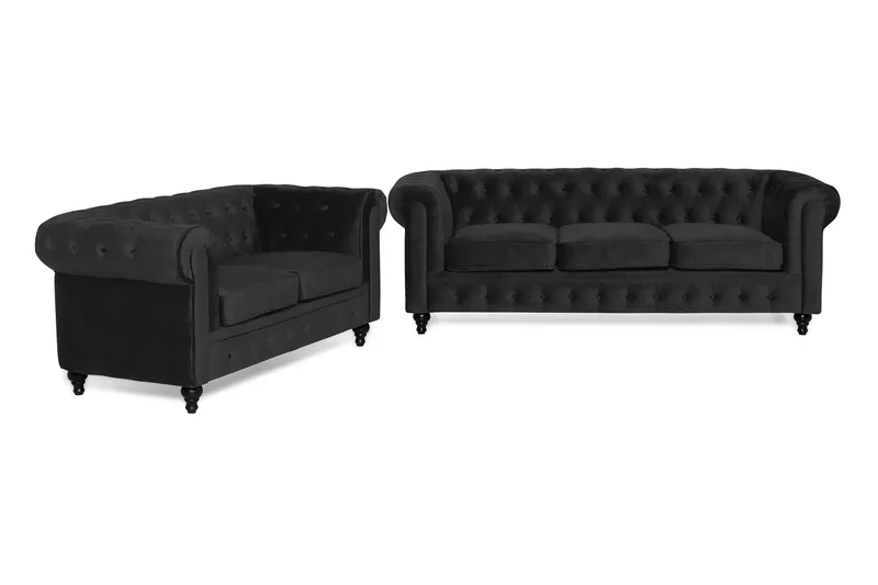 Chesterfield Luksus Sofagruppe 3+2 i Fløyel, Svart