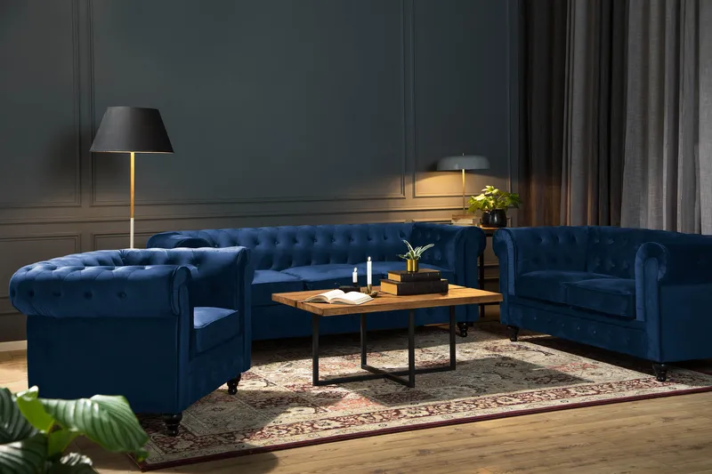 Chesterfield Lyx Sofagruppe 2-seter+3-seter Fløyel - Blå - Møbler - Sofaer - Sofagrupper - Chesterfield sofagruppe