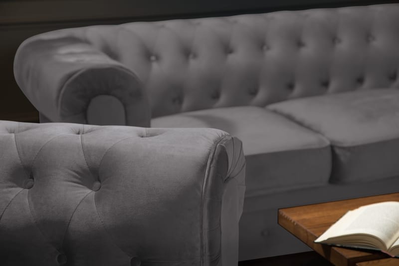 Chesterfield Lyx Sofagruppe 2-seter+Lenestol Fløyel - Grå - Møbler - Sofaer - Sofagrupper - Chesterfield sofagruppe