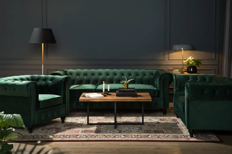 Chesterfield Lyx Sofagruppe 2-seter+Lenestol Fløyel - Grønn - Møbler - Sofaer - Sofagrupper - Chesterfield sofagruppe
