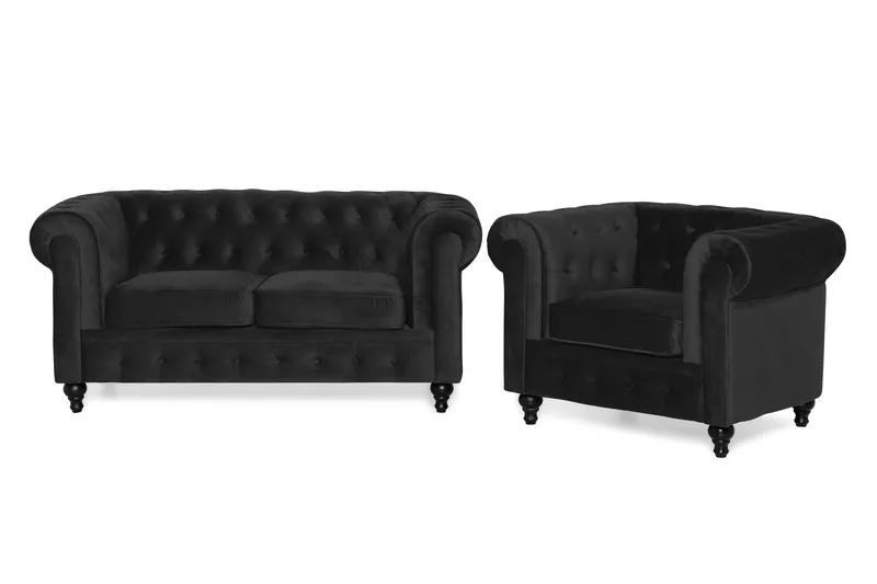 Chesterfield Lyx Sofagruppe 2-seter+Lenestol Fløyel, Svart