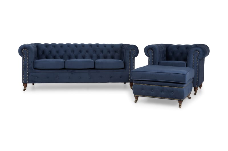Chesterfield Deluxe Sofagruppe 3+Lenestol+Fotskammel Fløyel - Petrolblå/Fløyel - Møbler - Sofaer - Sofagrupper - Chesterfield sofagruppe