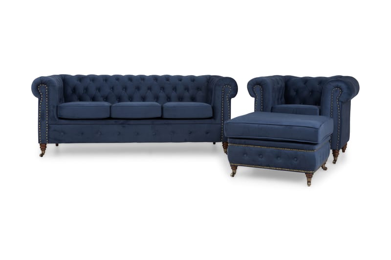 Chesterfield Deluxe Sofagruppe 3+Lenestol+Fotskammel Fløyel - Petrolblå/Fløyel - Chesterfield sofagruppe