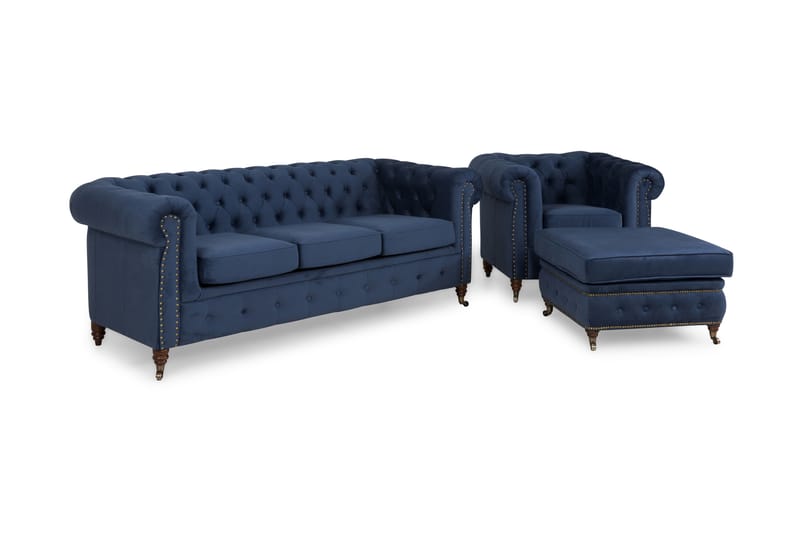 Chesterfield Deluxe Sofagruppe 3+Lenestol+Fotskammel Fløyel - Petrolblå/Fløyel - Møbler - Sofaer - Sofagrupper - Chesterfield sofagruppe
