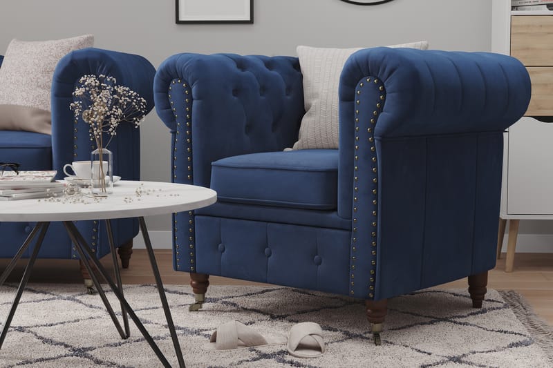 Chesterfield Deluxe Sofagruppe 3-seter+2-seter Fløyel - Petrolblå - Chesterfield sofagruppe