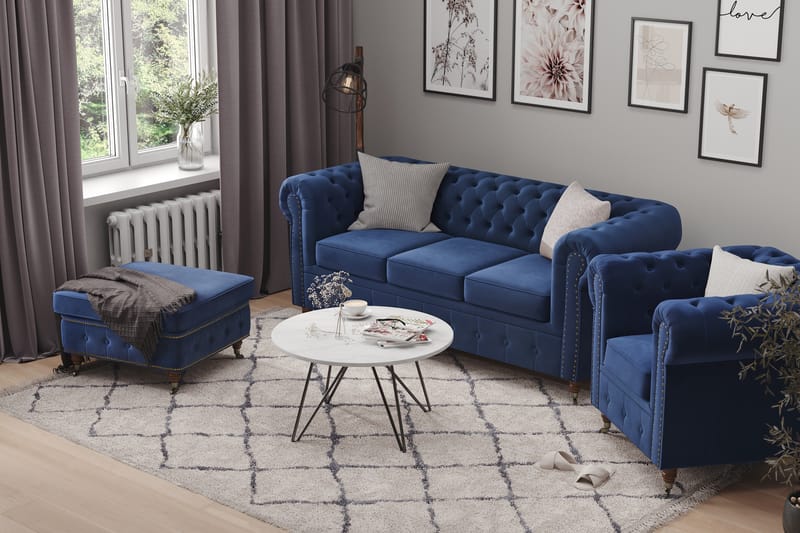 Chesterfield Deluxe Sofagruppe 3-seter+2-seter Fløyel - Petrolblå - Chesterfield sofagruppe