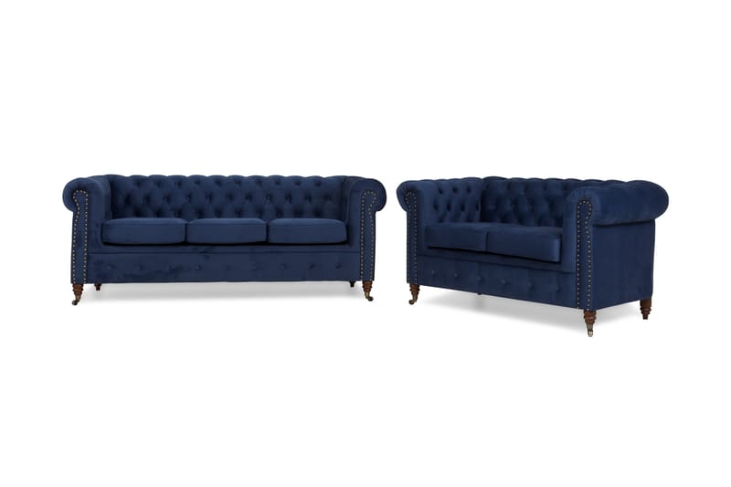 Chesterfield Deluxe Sofagruppe 3-seter+2-seter Fløyel - Petrolblå - Chesterfield sofagruppe