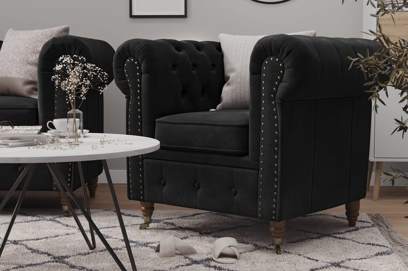 Chesterfield Deluxe Sofagruppe 3-seter+Lenestol+Fotskammel - Svart Fløyel - Møbler - Sofaer - Sofagrupper - Chesterfield sofagruppe