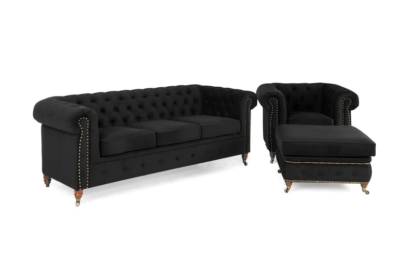 Chesterfield Deluxe Sofagruppe 3-seter+Lenestol+Fotskammel - Svart Fløyel - Møbler - Sofaer - Sofagrupper - Chesterfield sofagruppe