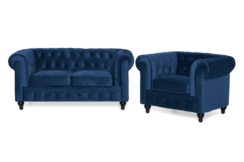 Chesterfield Lyx Sofagruppe 2-seter+Lenestol Fløyel - Blå - Chesterfield sofagruppe