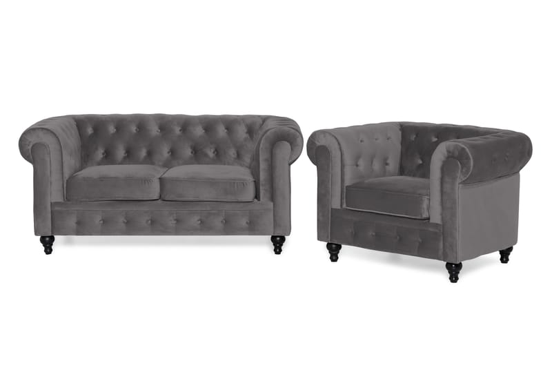 Chesterfield Lyx Sofagruppe 2-seter+Lenestol Fløyel - Mørkegrå - Møbler - Sofaer - Sofagrupper - Chesterfield sofagruppe