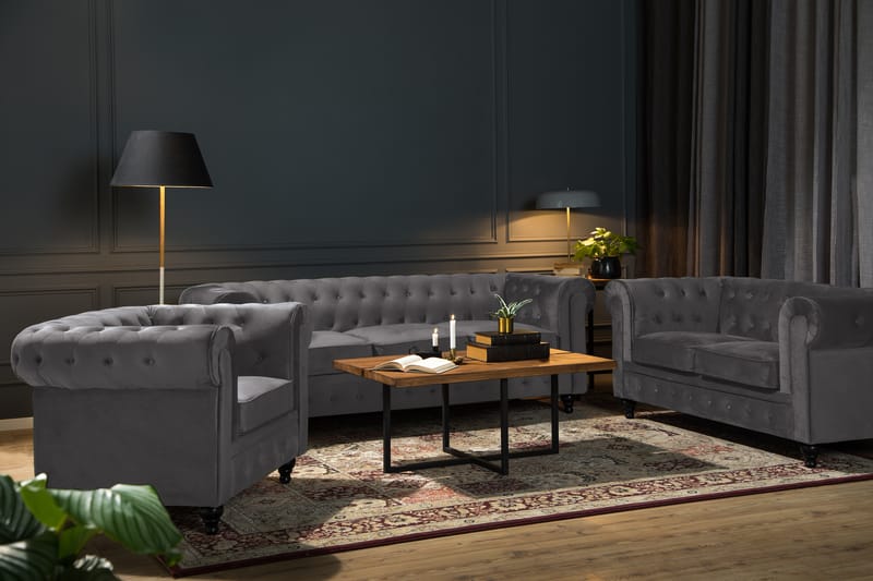 Chesterfield Lyx Sofagruppe 2-seter+Lenestol Fløyel - Mørkegrå - Møbler - Sofaer - Sofagrupper - Chesterfield sofagruppe