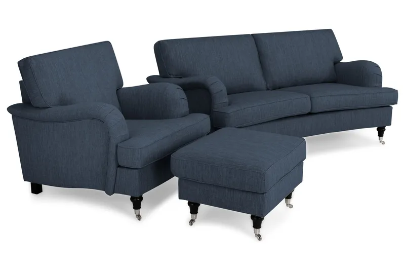 Howard Classic Sofagruppe 2-seters Buet Sofa + Lenestol + Fotskammel i Stoff - Blå - Møbler - Sofaer - Sofagrupper - Chesterfield sofagruppe