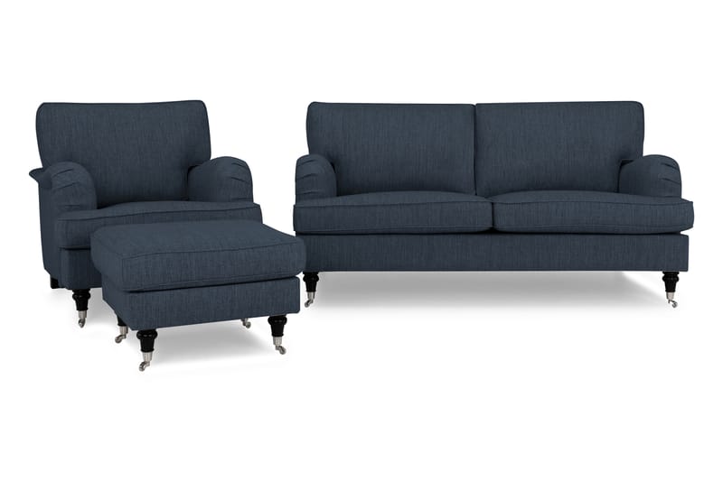Howard Classic Sofagruppe 2-seters Sofa + Lenestol + Fotskammel i Stoff - Blå - Møbler - Sofaer - Sofagrupper - Chesterfield sofagruppe