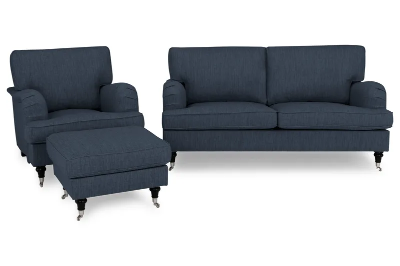 Howard Classic Sofagruppe 2-seters Sofa + Lenestol + Fotskammel i Stoff - Blå - Møbler - Sofaer - Sofagrupper - Chesterfield sofagruppe
