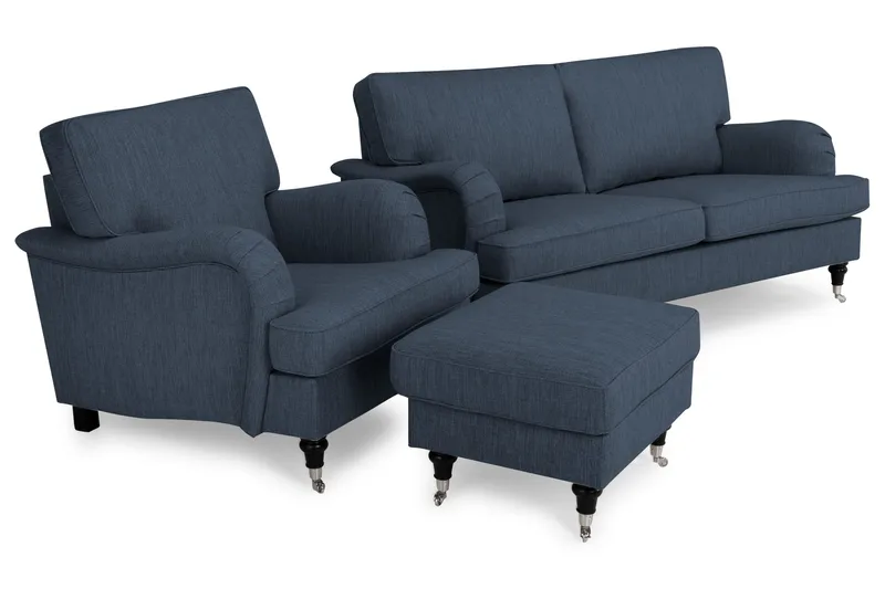 Howard Classic Sofagruppe 2-seters Sofa + Lenestol + Fotskammel i Stoff - Blå - Møbler - Sofaer - Sofagrupper - Chesterfield sofagruppe