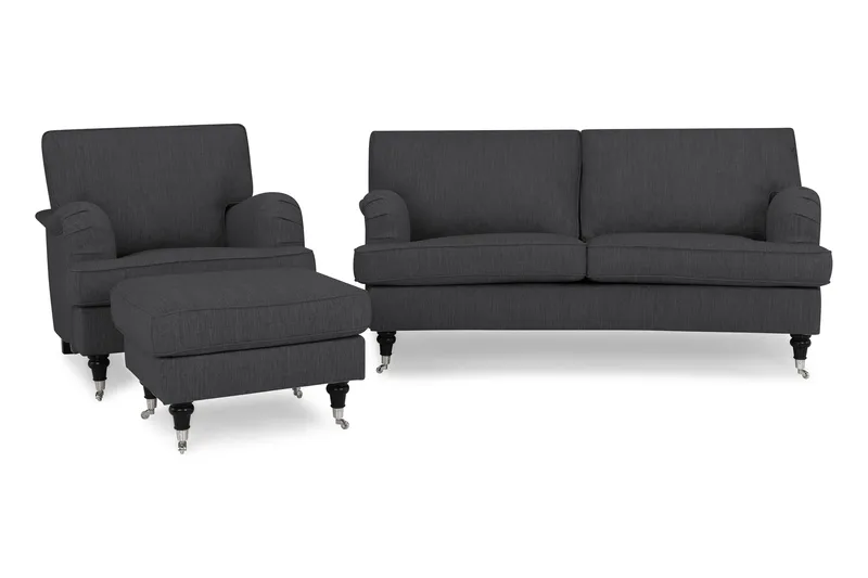 Howard Classic Sofagruppe 2-seters Svingt Sofa + Lenestol + Fotskammel i Stoff, Mørk grå