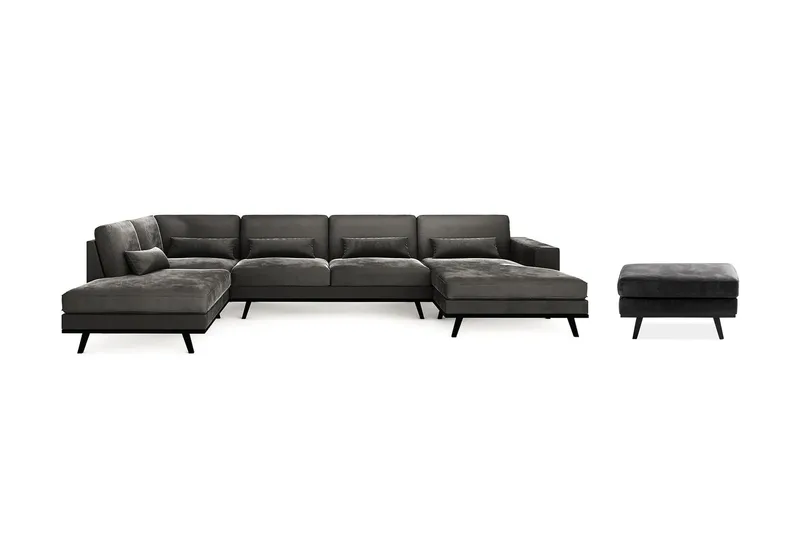 Copenhagen 5-seters Venstrevendt U-formet Sofa med Divan og Sjeselong + Fotskammel i Fløyel, Mørk grå