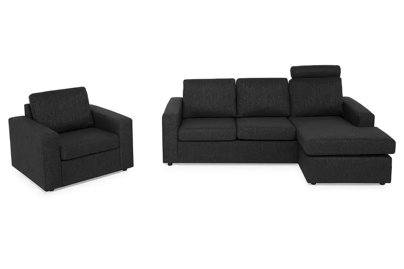 Crazy Sofagruppe 3-seters Vendbar L-formet Sjeselongsofa + Lenestol i Stoff, Antrasitt