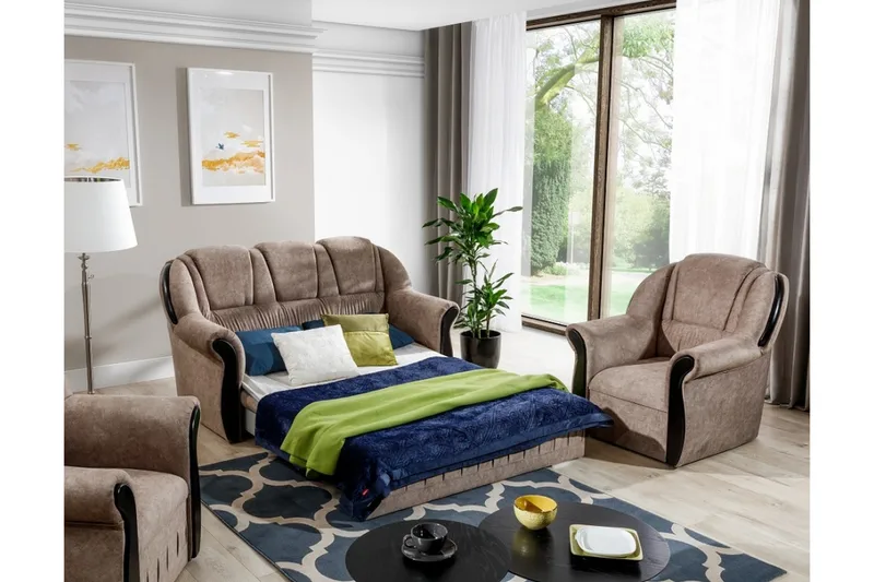 Fica Sofagruppe Sovesofa + 2 Lenestoler - Lær/Lysebrun - Møbler - Sofaer - Sofagrupper