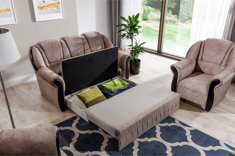 Fica Sofagruppe Sovesofa + 2 Lenestoler - Lær/Lysebrun - Møbler - Sofaer - Sofagrupper